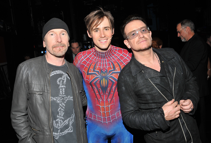 The Edge, Reeve Carney as Spider-Man, and Bono celebrate the show’s 1000th performance. (Photo: Bruce Glikas/FilmMagic/Getty Images)